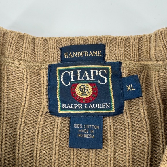 Vintage Chaps‎ Ralph Lauren XL Mens Beige Cable Knit Crew Neck Sweater Crest 90s - Picture 5 of 5